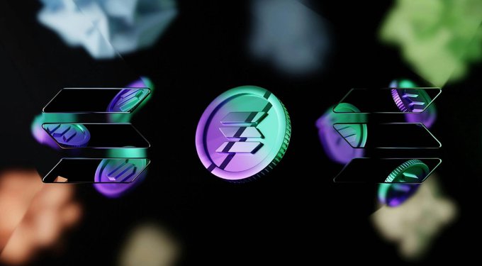 A glowing purple and green crypto-style coin logo displayed on multiple glass-like panels floating in a dark space.