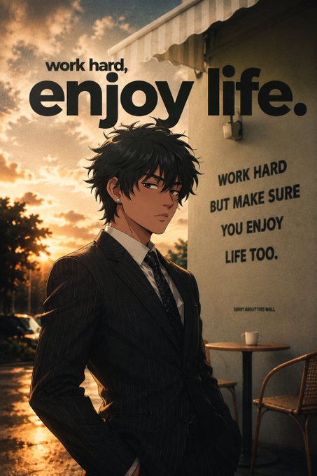 An anime-style man in a suit stands confidently in front of a wall displaying the motivational messages "work hard, enjoy life." and "WORK HARD BUT MAKE SURE YOU ENJOY LIFE TOO." The image visually reinforces the post's encouraging message about working hard while also enjoying life on the weekend.