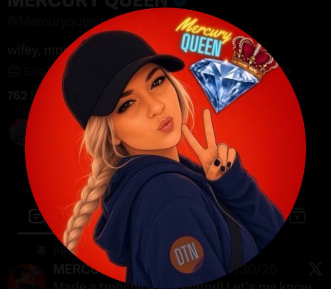 A profile image showing a woman with a blonde braid, black cap, and blue jacket making a peace sign against a red background with 'Mercury Queen' text, a diamond, and crown logo.