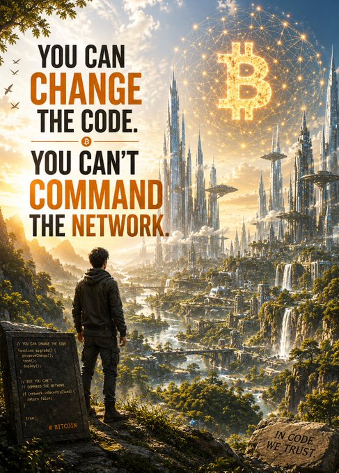 A digital artwork depicting a person overlooking a futuristic city with a glowing Bitcoin symbol, featuring the text 'YOU CAN CHANGE THE CODE. OR YOU CAN'T COMMAND THE NETWORK.' and 'IN CODE WE TRUST.' along with '#BITCOIN'.
