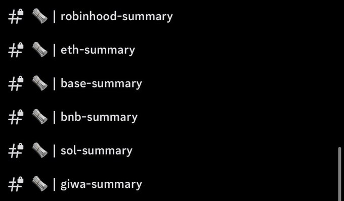 A Discord channel list showing locked summary channels for various crypto tickers including ROBINHOOD, ETH, BASE, BNB, SOL, and GIWA, relating to the poster's ongoing project screening and filtering process.