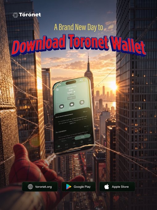 A promotional poster for Toronet Wallet reading 'A Brand New Day to Download Toronet Wallet,' featuring Spider-Man's web shooting toward a smartphone displaying the app interface against a New York City skyline.