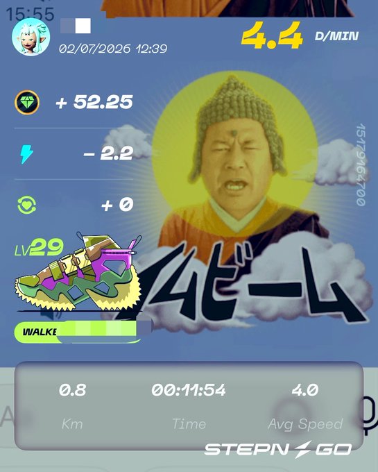 A fitness tracking app screen showing walking stats: 0.8 km in 11:54 at 4.0 avg speed, LV 29, with a meme image of a Buddha-like figure and Japanese text "ムキーッ".