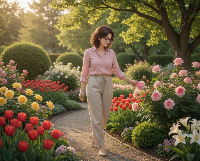 A woman in a pink blouse and beige pants walks through a sunlit garden filled with colorful roses, tulips, and lilies, gently touching a pink rose.