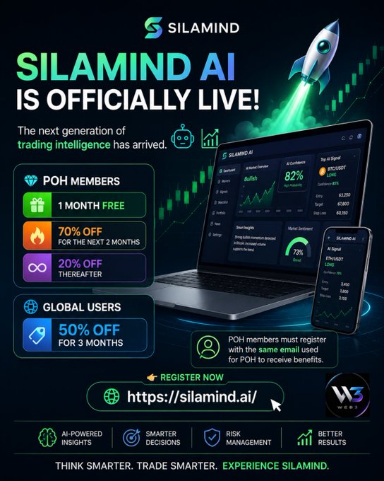 A promotional advertisement for "SILAMIND AI" offering discounts such as 70% off for POH members and 50% off for global users, directing viewers to silamind.ai.