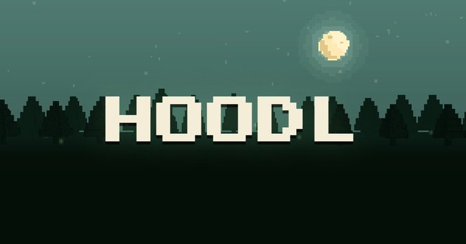 Pixel art banner featuring the word "HOODL" in large blocky text set against a dark forest silhouette under a glowing moon and starry teal sky, visually representing the rugged, community-driven launch described in the update.