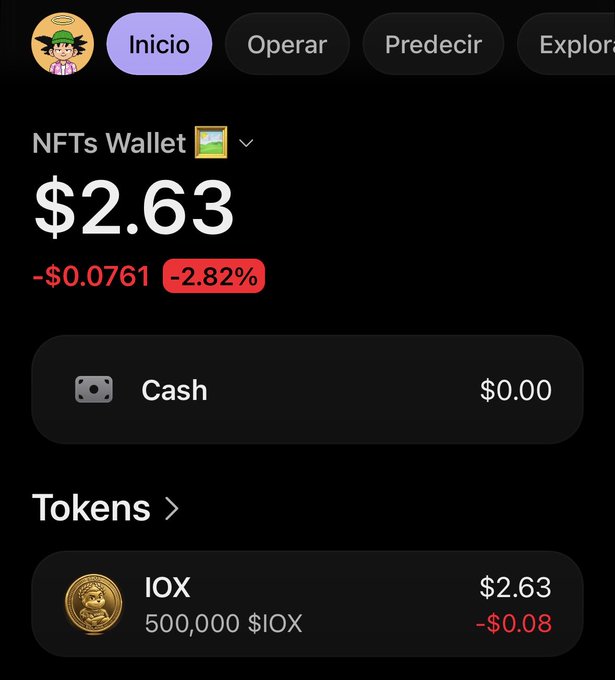 A screenshot of a Spanish-language crypto wallet shows an NFTs Wallet holding $2.63 total, down -2.82% (-$0.0761), with 500,000 IOX tokens valued at $2.63 (-$0.08).