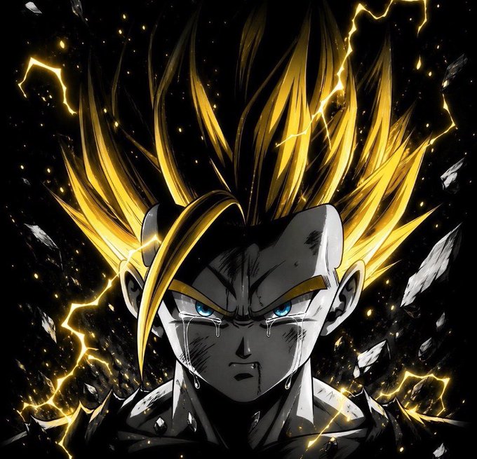 A grayscale anime depiction of a Super Saiyan character with glowing golden hair and tears streaming down his face, set against a backdrop of crackling yellow lightning and dark debris, likely used as an attention-grabbing post to draw engagement for the $50 Solana giveaway.