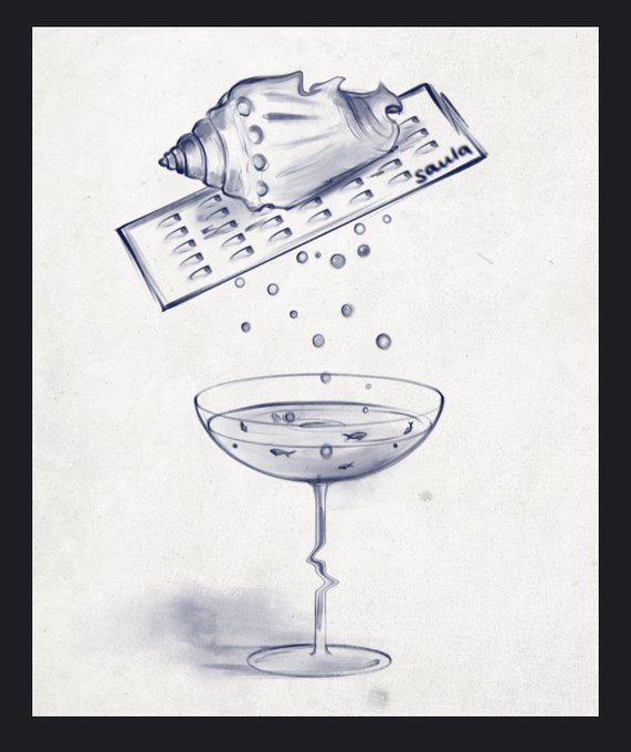 A pencil sketch depicting a conch shell resting on a grater above a cocktail glass, with droplets falling between them and the text 'Gaula' visible on the grater.
