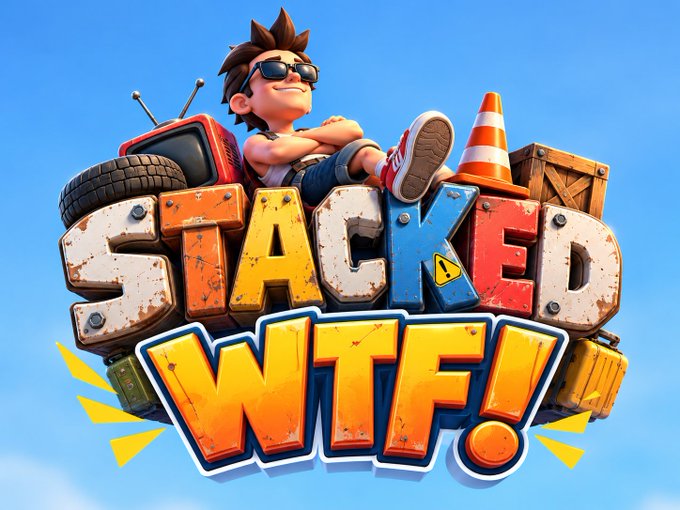 A colorful video game logo featuring a cartoon character wearing sunglasses reclining next to a TV and traffic cone, with the text 'STACKED WTF!' in large stylized letters.