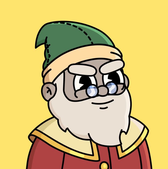 Cartoon illustration of an elderly man with a white beard, round glasses, and a green nightcap on a yellow background.