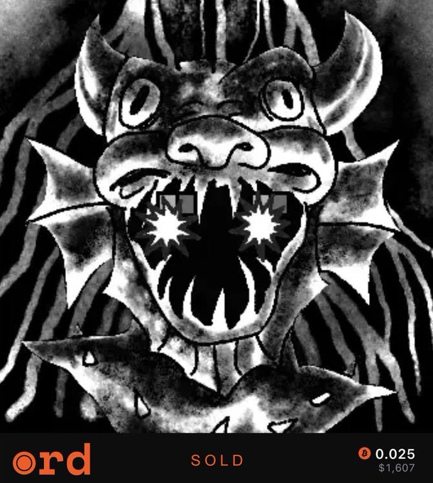 A black-and-white illustrated NFT featuring a menacing horned creature with glowing star-shaped eyes and bared fangs, displayed on a marketplace labeled 'ord' with a 'SOLD' tag at a price of 0.025 ETH ($1,607).