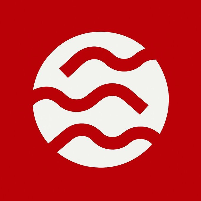 A red logo featuring a white circle with three wavy lines cutting through it on a solid red background.