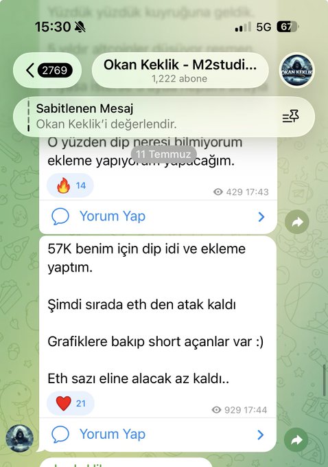 The image shows a Turkish-language Telegram chat from a group called "Okan Keklik - M2studi..." with 1,222 subscribers, where members are discussing crypto trading strategies, particularly mentioning that "$ETH" will be the next altcoin to surge and discussing their dip-buying positions around 57K. The post context "$eth" aligns with the visible conversation about Ethereum's anticipated price movement and short squeeze potential shown in the screenshot.