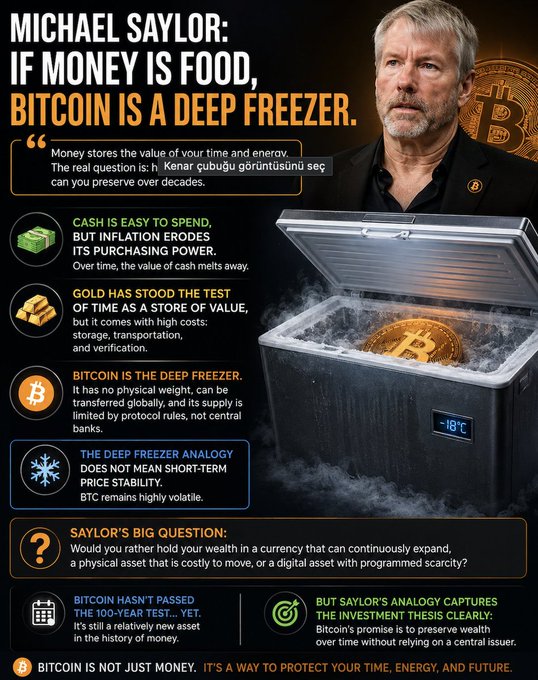 An infographic featuring Michael Saylor with the quote 'MICHAEL SAYLOR: IF MONEY IS FOOD, BITCOIN IS A DEEP FREEZER.' It compares cash, gold, and Bitcoin as stores of value, using a Bitcoin in a freezer as a central visual, and argues that Bitcoin represents a way to protect your time, energy, and future.