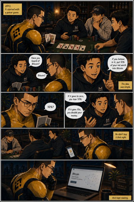 A comic strip telling the origin story of MicroStrategy's Bitcoin investment in 2013, showing Michael Saylor explaining a 10% loss/10x gain proposition to his poker friends, who decline to invest, ending with the text 'And kept reading.'