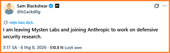 The image shows a tweet from Sam Blackshear (@blackd0g) dated August 6, 2026, announcing "I am leaving Mysten Labs and joining Anthropic to work on defensive security research." This aligns with the accompanying post about Blackshear, co-founder and CTO of Mysten Labs ($SUI) and creator of the Move programming language, departing to join Anthropic for security research as AI transforms the tech landscape.