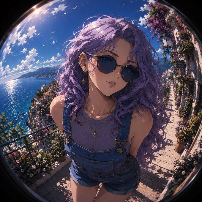 A stylish anime-style illustration of a purple-haired girl with sunglasses posing in a scenic coastal Mediterranean town, shown through a fisheye lens effect. The image has no direct connection to the post about audio gear allocation, serving as an unrelated aesthetic profile picture.