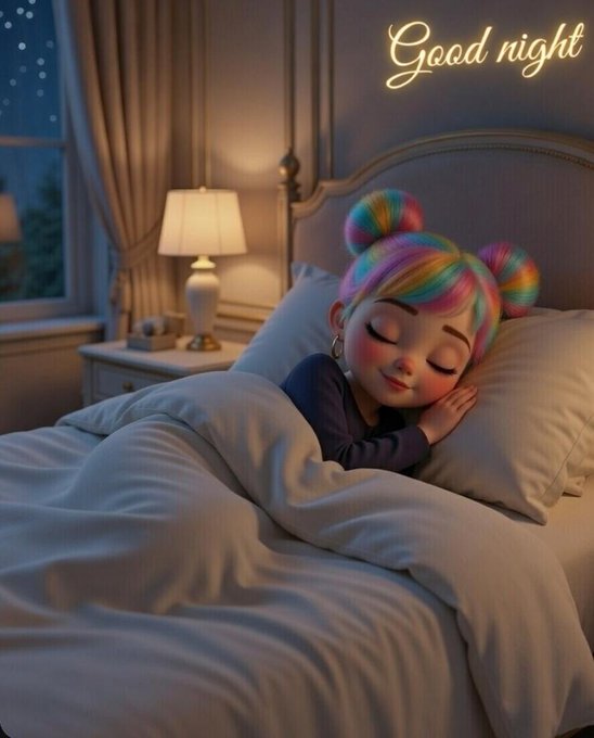 A 3D-rendered illustration of a sleeping girl with rainbow-colored hair styled in buns, tucked into a cozy bed in a warmly lit bedroom with a 'Good night' neon sign on the wall.
