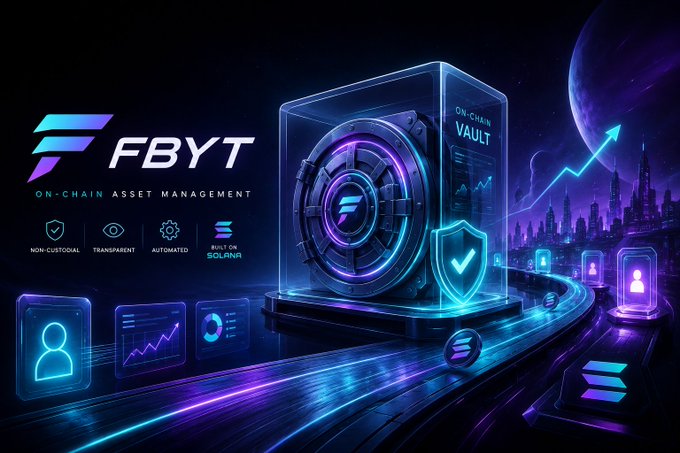 The image features an advertisement for a cryptocurrency called FBYT. The background of the image is black with purple and blue elements that create a futuristic atmosphere. In the center of the image, there's a large glass box containing a digital representation of a vault. The text "FBYT" is displayed in white letters above the vault, while "on-chain asset management" is written below it. The post also mentions that FBYT takes a different approach to investing by using Solana technology and offering transparent access to top-performing money managers through on-chain vaults.