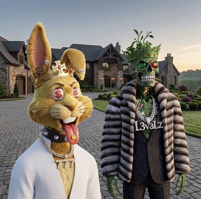 A surreal digital artwork featuring a crowned, gem-eyed rabbit head on a human body in a white suit next to a crowned skeleton figure in a fur coat, with the text 'L3v3lZ' and '777' displayed.