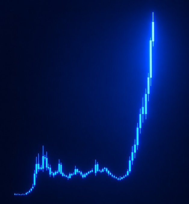 A blue line chart on a dark navy background showing a dramatic upward spike at the end of a long period of relatively flat activity.