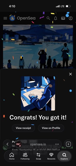 A screenshot from OpenSea showing a successful NFT mint confirmation with "Congrats! You got it!" message, featuring an illustration of a person at a desk, with the post mentioning minting one NFT to create transactions on @ARC.