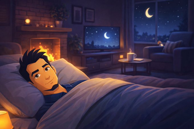 An animated-style illustration of a man lying in bed, smiling contentedly in a cozy bedroom with a fireplace and night sky visible through the window.