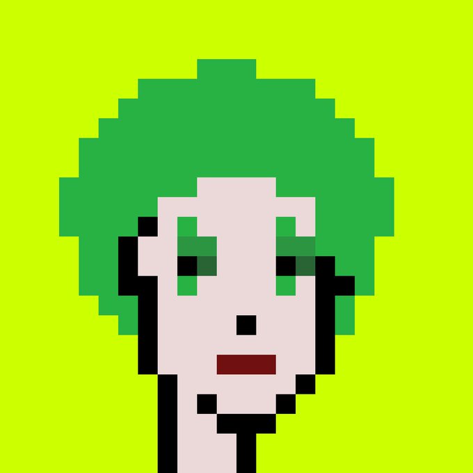A pixel art portrait depicts a pale character with bright green hair, droopy green eyes, and dark red lips set against a vivid green background.