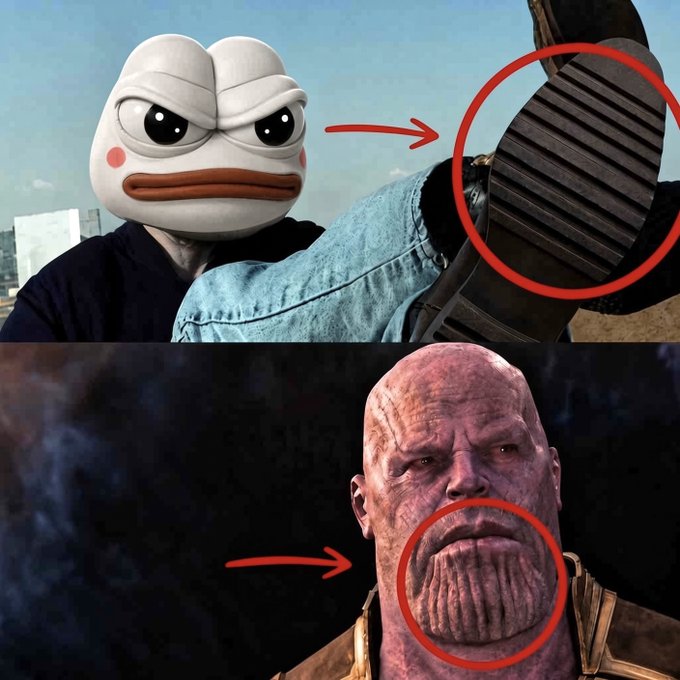 The image humorously compares a meme duck face edited onto a person showing a shoe tread to Thanos from Marvel, highlighting similar textures on the shoe sole and Thanos's chin, with arrows pointing to these matching details—reinforcing the post's joke about $Papu delivering hard kicks.