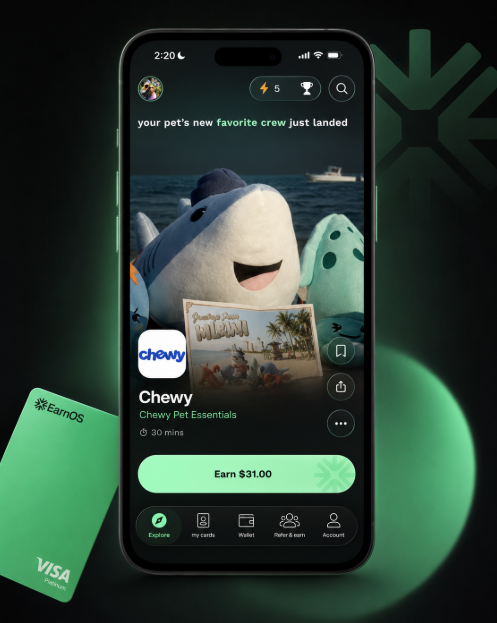 The image shows the EarnOS app interface displaying a "Chewy" mission from Chewy Pet Essentials offering $31.00 for a 30-minute task, alongside an EarnOS Visa debit card, illustrating how the app lets users earn USD by completing simple brand missions like watching videos or downloading apps as mentioned in the post.
