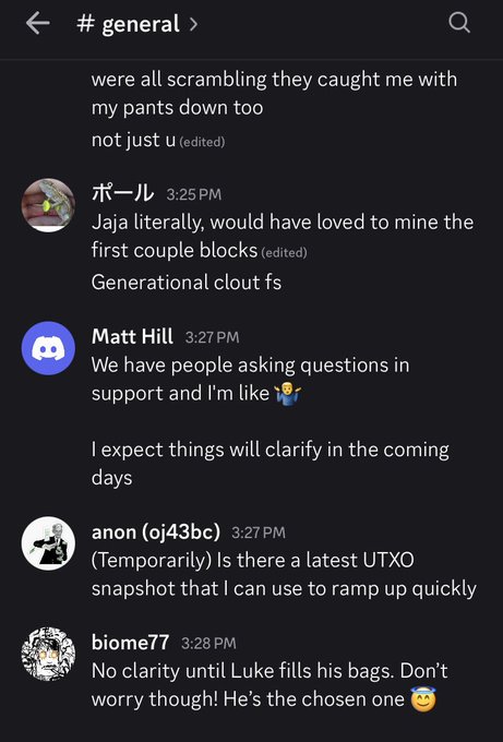 Discord chat in #general channel with messages from users including Matt Hill (3:27 PM) saying 'We have people asking questions in support and I'm like' with a shrug emoji.