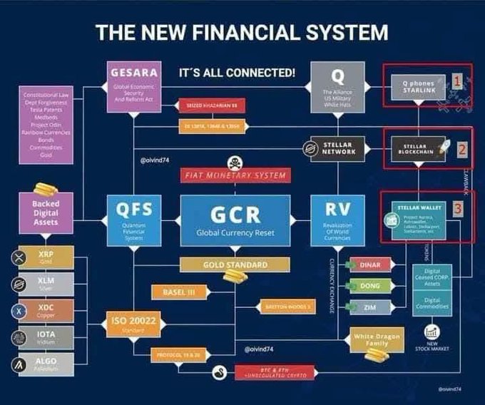 A flowchart titled "The New Financial System" maps interconnected components including GESARA, QFS, GCR, RV, Quantum Financial System, Starlink, Stellar Blockchain, Tether Wallet, gold/digital asset standards, and tickers like XRP, XLM, XDC, IOTA, and ALGO—depicting a speculative global monetary reset framework that contrasts with the Pi Network's grassroots, community-driven ecosystem built around "pioneers" rather than elite centralized financial restructuring.