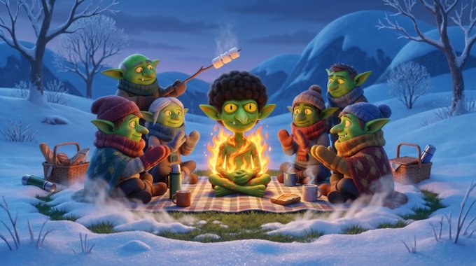 A group of festive green goblins gather around a campfire in a snowy landscape, with the central goblin bearing a glowing flame on its chest, fitting the "den" giving away a goblin NFT (#4192). The creature's fiery core and cozy winter setting complement the giveaway's theme of a mischievous, campfire-lit goblin companion.