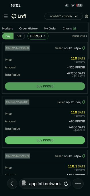 The image shows a mobile screenshot of the Lnfi app displaying a "Buy" order book for PPRGB (token info link), with seller listings priced at 110 SATS, including offers of 4,520 PPRGB (497,200 SATS) and 680 PPRGB (74,800 SATS) available for purchase. This relates to the post as it shows real-time market data for the $PPRGB token on the RGB protocol, reflecting the active trading activity supporting the mentioned 1.4M$ market cap.