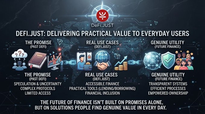 A promotional infographic for 'DeFi.JUST' titled 'DELIVERING PRACTICAL VALUE TO EVERYDAY USERS,' comparing past DeFi promises with real use cases and genuine utility through illustrated sections.
