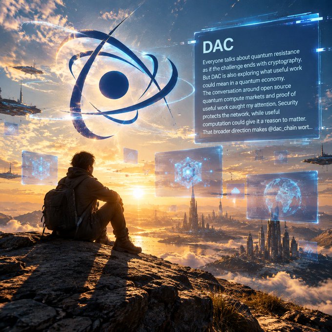 A fantasy-style digital illustration shows a person sitting on a rocky outcrop overlooking a futuristic city, with a holographic interface displaying text about "DAC" and quantum resistance cryptography.