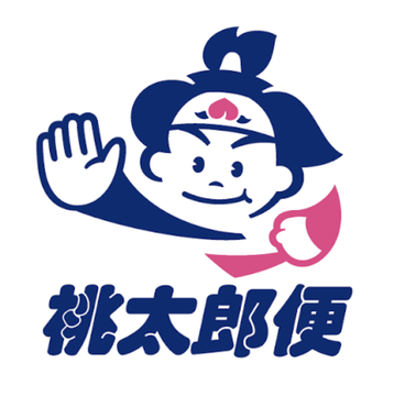 A character logo featuring Momotaro—the folk hero from Japanese legend—with Japanese text "桃太郎便" ("Momotaro-bin" / "Momotaro delivery") below him, used by AZ-COM Maruwa Holdings to symbolize its Japanese logistics identity as it becomes the first major company to adopt JPYC stablecoin for payments.