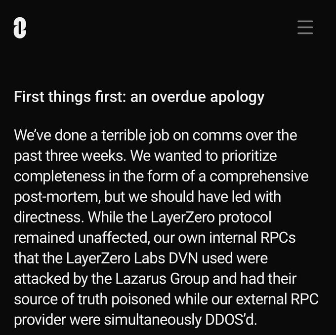 A blog post or statement titled 'First things first: an overdue apology' discussing how LayerZero Labs' internal RPCs were attacked by the Lazarus Group and their external RPC provider was DDOS'd.