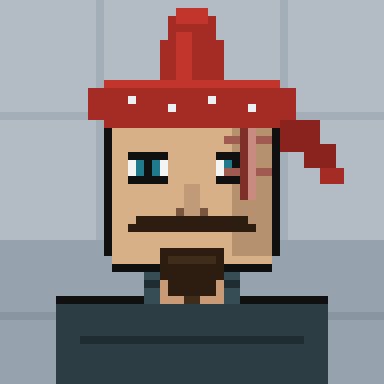 A pixel art illustration of a bearded man with blue eyes wearing a red bandana, set against a gray brick-patterned background.