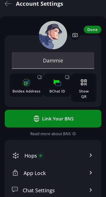 An 'Account Settings' screen on a mobile app showing the username 'Dammie' with options for Beldex Address, BChat ID, and 'Link Your BNS'.