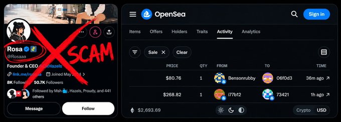 OpenSea activity feed showing NFT transactions with a Twitter profile labeled 'SCAM' overlaid with a red X, displaying a 'Rosa' account (Founder & CEO at Hazels) marked as a scam warning.