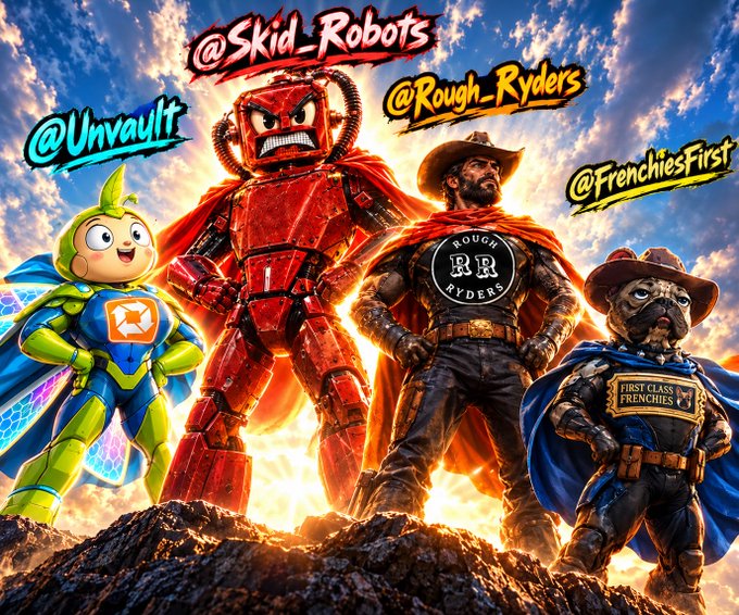 Superhero-style illustration featuring four characters with social media handles: '@Unvault' (green armored figure), '@Skid_Robots' (red armored figure), '@Rough_Ryders' (cowboy with RR logo), and '@FrenchiesFirst' (dog character with cape).