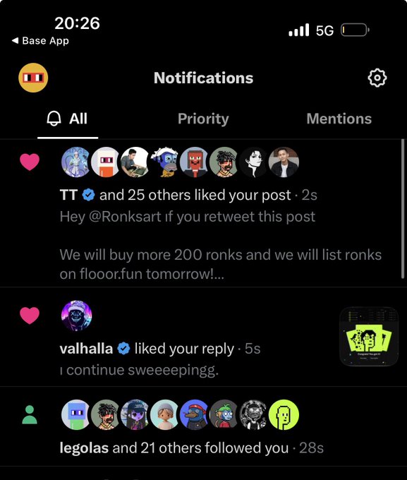 Screenshot of social media notifications showing that 'TT and 25 others liked your post,' 'valhalla liked your reply' saying 'I continue sweeeeepingg,' and 'legolas and 21 others followed you.'