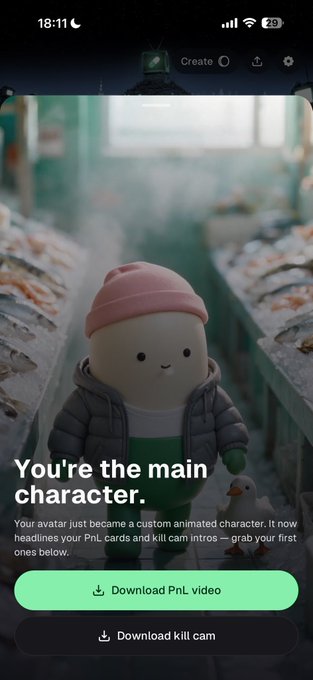 The image shows a mobile app screen featuring an animated character with a pink beanie and puffy jacket in what appears to be a market setting, with the headline "You're the main character." Below are buttons to "Download PnL video" and "Download kill cam." This aligns with the post's playful reference to Pump's app, where the user's avatar has become a custom animated character with new PnL and kill cam intros available to download.