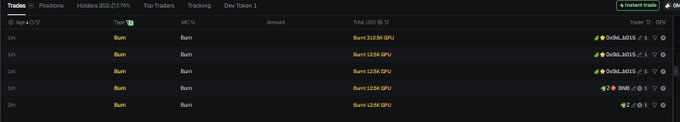 A cryptocurrency tracking interface displays 1-minute trade data for the $APE token, showing a series of "Burn" transactions with amounts of $123.6 GPU and $1138 GPU, totaling $189.18, with counters at IDs 3, 4, 5, and 6. The image relates to the post by showcasing real-time trade tracking activity for the Ape token, highlighting a wallet address (0x3da22f970a0a048d3830fde22b94017b83a3802e) involved in significant "Burn" trades.