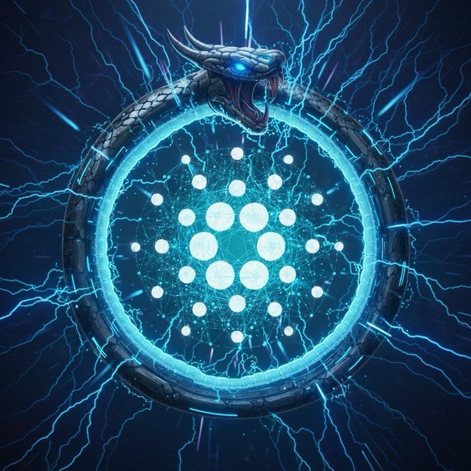 A glowing Cardano logo (a serpent ouroboros forming a circle) bites its own tail, surrounded by crackling blue lightning, symbolizing the network powering up for its next evolution.

The imagery captures the "beast mode loading" theme, visualizing Cardano's anticipated Leios upgrade and its projected 50x throughput boost to mainnet-ready status.