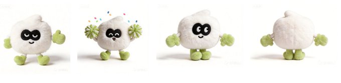 Four views of a round, white plush character with green pom-pom hands and feet, wearing a black eye mask, shown in different poses including one with pom-poms raised and confetti.