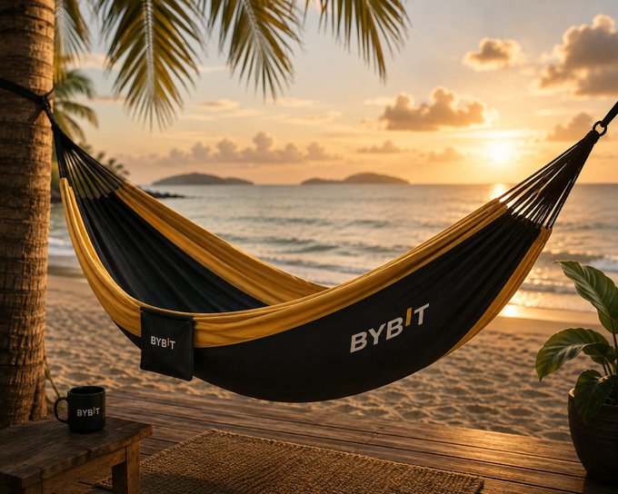 A black and yellow hammock branded with 'BYBIT' hangs between palm trees on a wooden deck overlooking a sunset beach, with a matching 'BYBIT' mug sitting on a small table nearby.