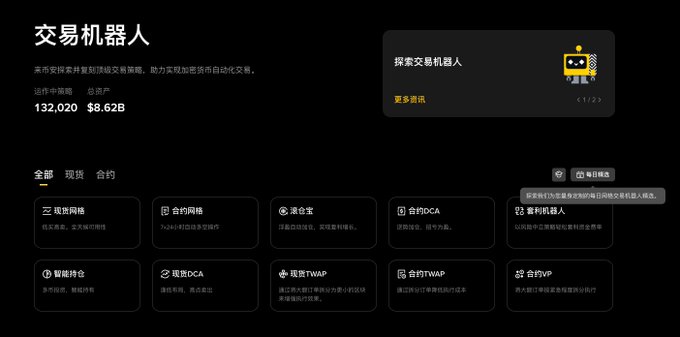 A screenshot of a cryptocurrency trading platform in Chinese titled '交易机器人' (Trading Bots), showing options for spot grid, contract grid, martingale, DCA, and TWAP strategies, with statistics showing 132,020 bots and $8.62B total assets.